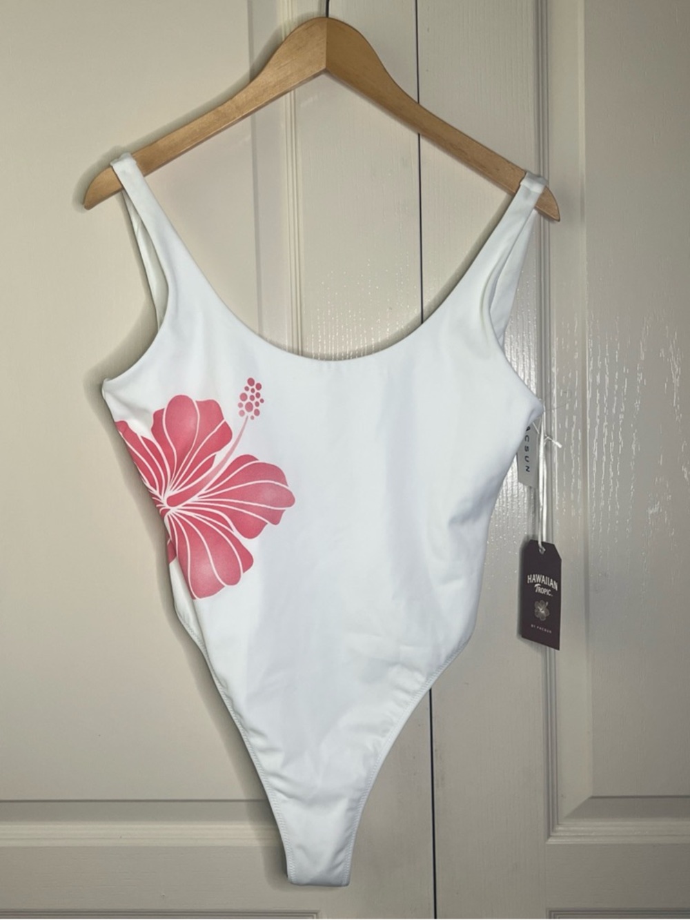 White One-Piece Swimsuit with Pink Floral Print hibiscus - Hawaiian Tropic